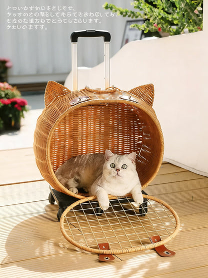 藤編み キャリーバッグ 猫用 キャリーケース キャスター付き 伸縮ハンドル ペット用 お出かけ 旅行 通院 車載対応 猫カート 猫キャリー