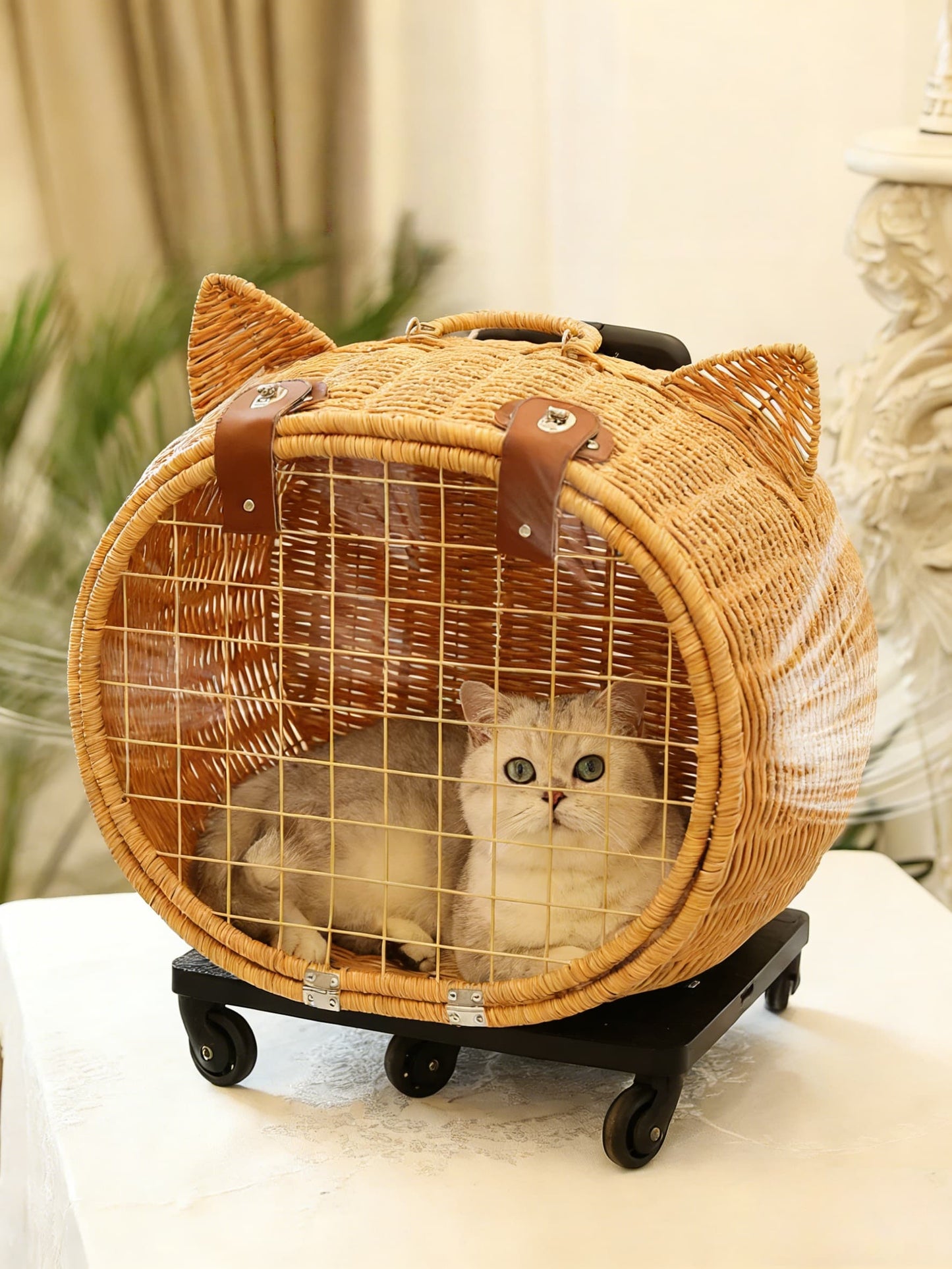 藤編み キャリーバッグ 猫用 キャリーケース キャスター付き 伸縮ハンドル ペット用 お出かけ 旅行 通院 車載対応 猫カート 猫キャリー