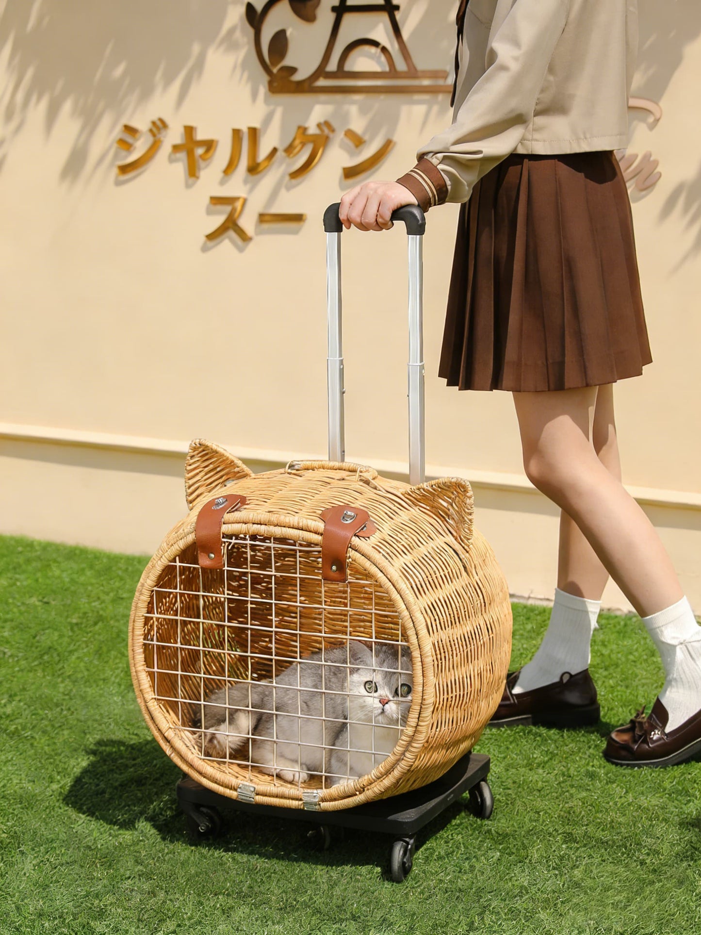 藤編み キャリーバッグ 猫用 キャリーケース キャスター付き 伸縮ハンドル ペット用 お出かけ 旅行 通院 車載対応 猫カート 猫キャリー