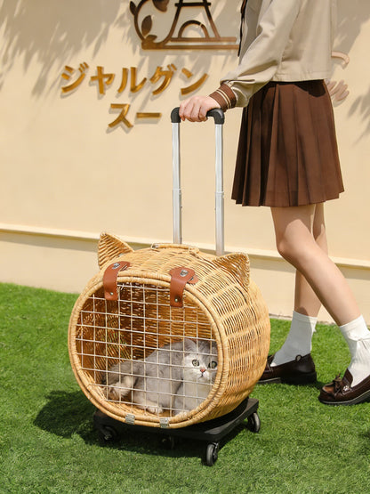 藤編み キャリーバッグ 猫用 キャリーケース キャスター付き 伸縮ハンドル ペット用 お出かけ 旅行 通院 車載対応 猫カート 猫キャリー