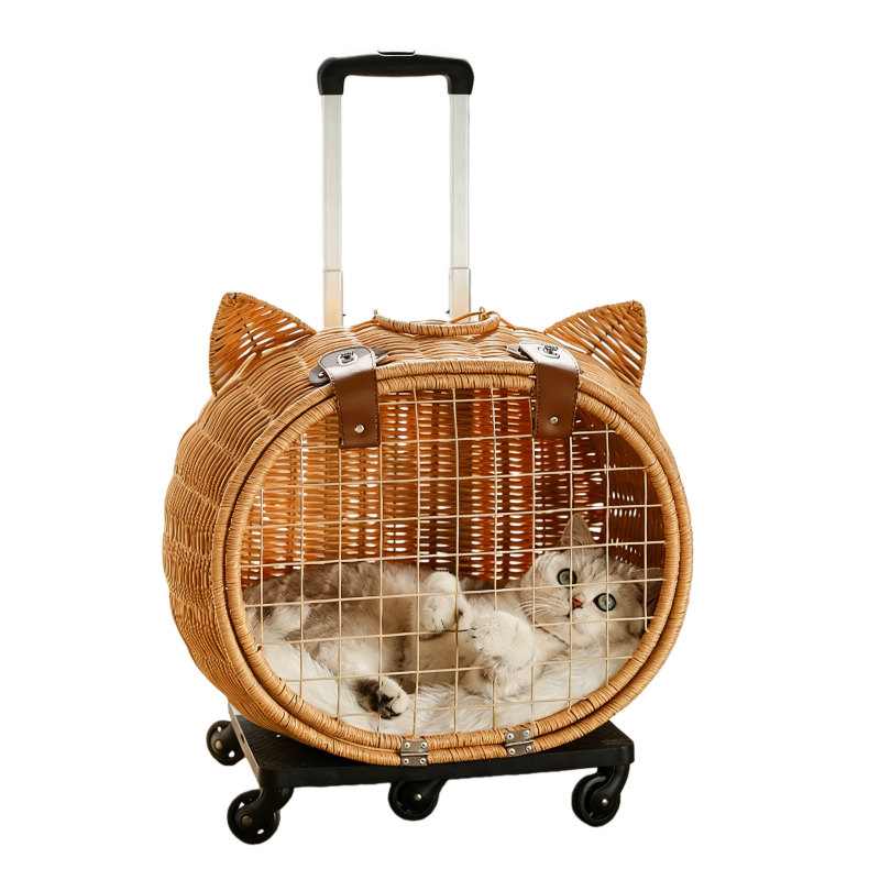 藤編み キャリーバッグ 猫用 キャリーケース キャスター付き 伸縮ハンドル ペット用 お出かけ 旅行 通院 車載対応 猫カート 猫キャリー